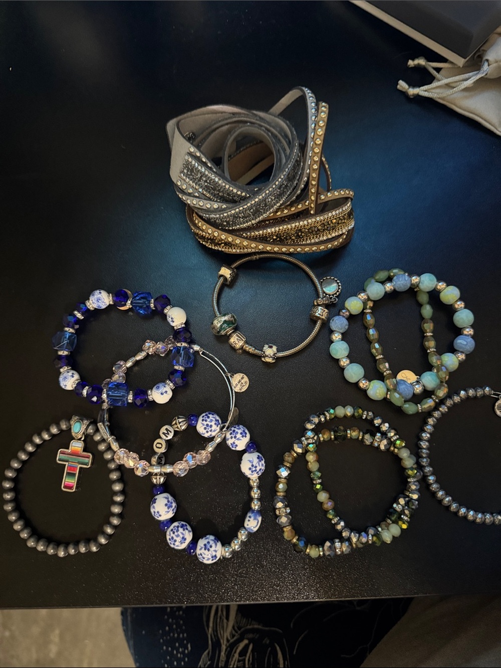 Mixed Beaded and Wrap Bracelet Set in Blue, Green and Gray